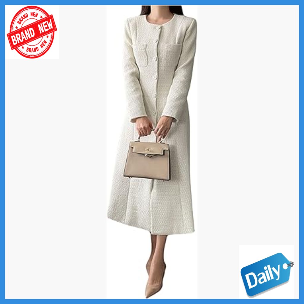 Elegant Cream Textured Long Women's Dress Coat